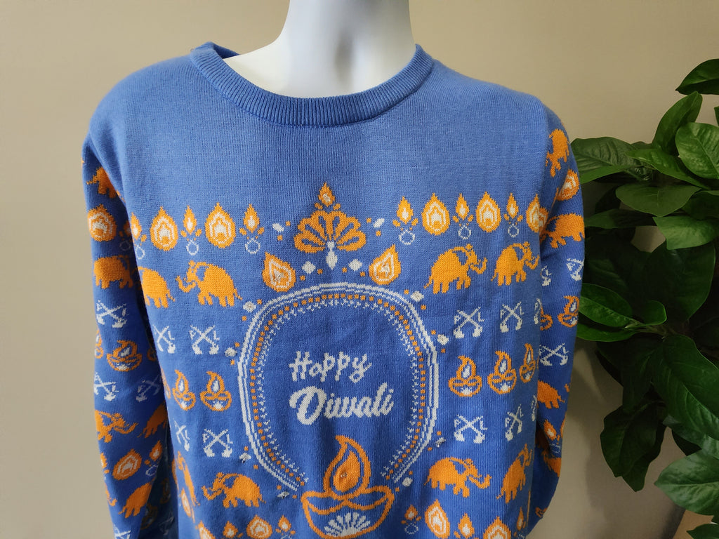 PindLife Knitted Happy Diwali Sweater with Lights, Punjabi Diwali Knit design, alternate view