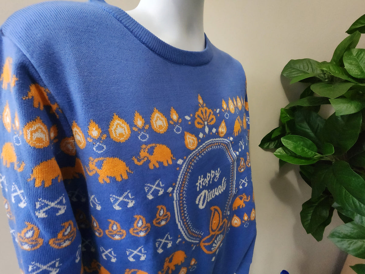 PindLife Knitted Happy Diwali Sweater with Lights, Punjabi Diwali Knit design, alternate view