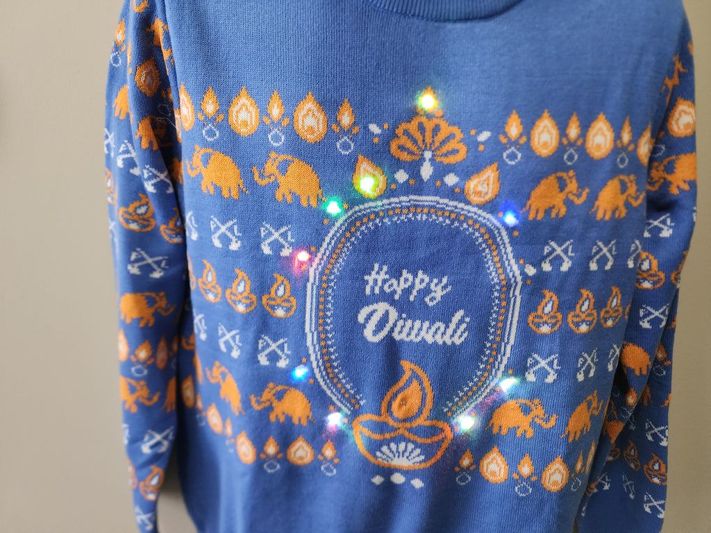 PindLife Knitted Happy Diwali Sweater with Lights, Punjabi Diwali Knit design, alternate view