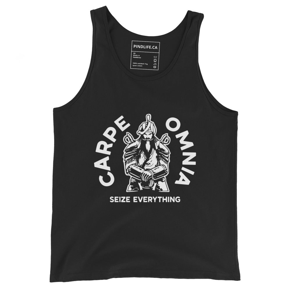 PindLife Carpe Omnia Tank Top in black, front view, Seize Everything Sikh Warrior