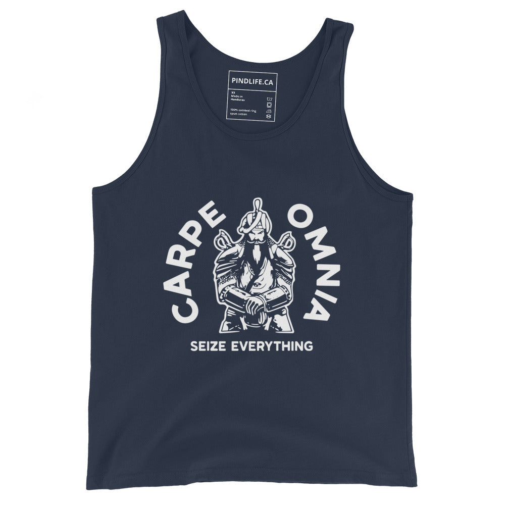 PindLife Carpe Omnia Tank Top in navy, front view, Seize Everything Sikh Warrior