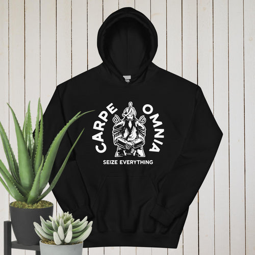 PindLife Carpe Omnia Hoodie in black, front view, Seize Everything Sikh Warrior
