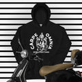 PindLife Carpe Omnia Hoodie with Khanda Back in black, front view, Sikh Warrior