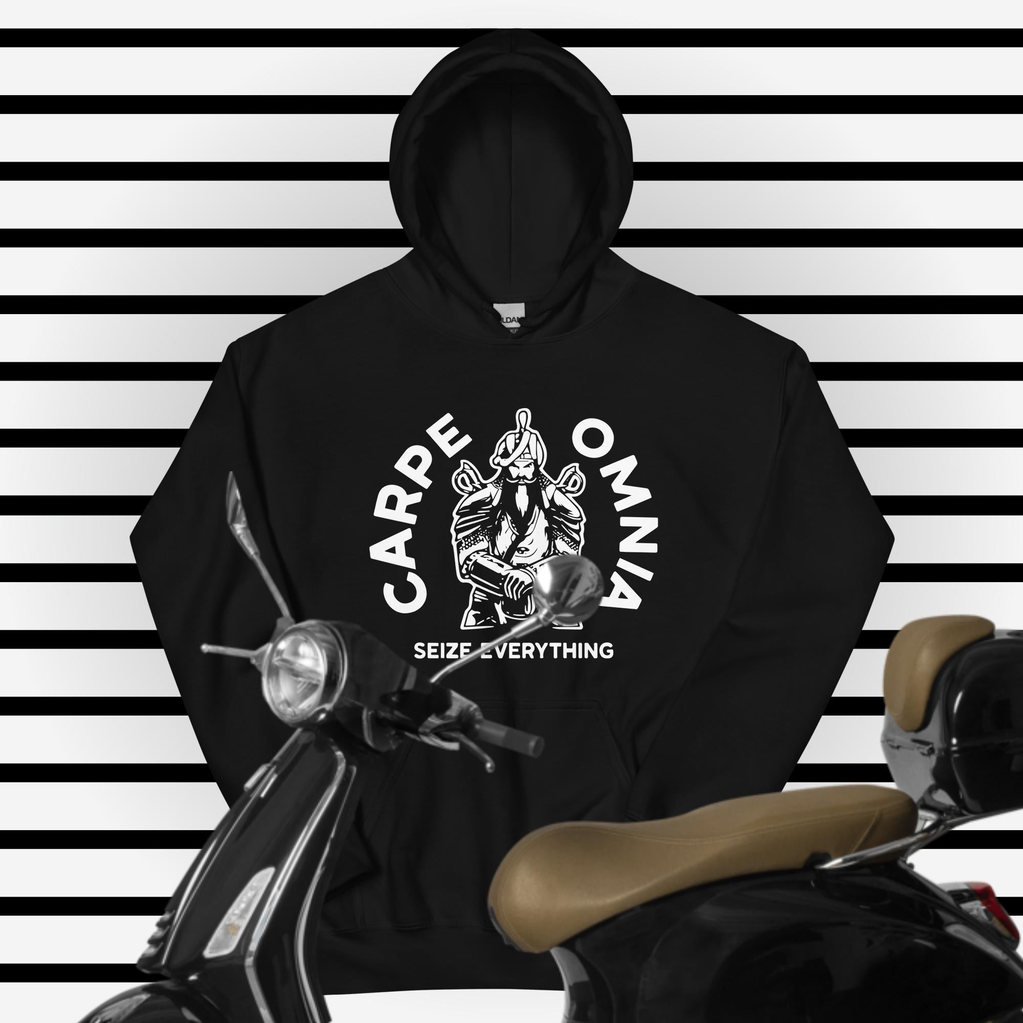 PindLife Carpe Omnia Hoodie with Khanda Back in black, front view, Sikh Warrior