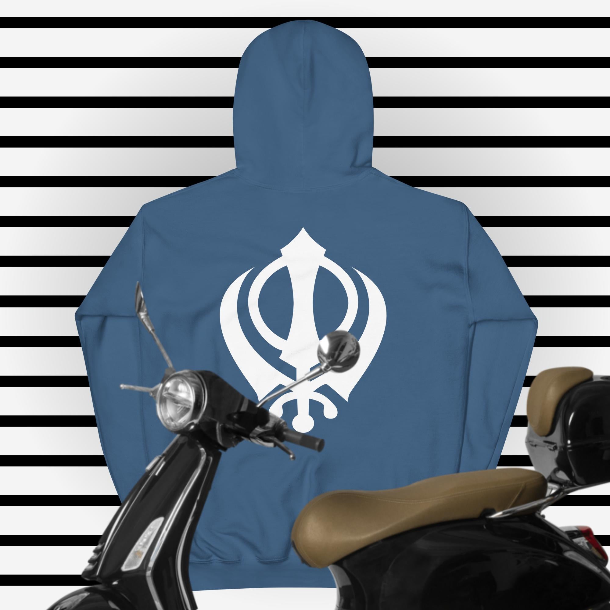 PindLife Carpe Omnia Hoodie with Khanda Back in indigo blue, back view, Sikh Warrior