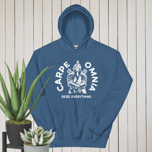 PindLife Carpe Omnia Hoodie in indigo blue, front view, Seize Everything Sikh Warrior