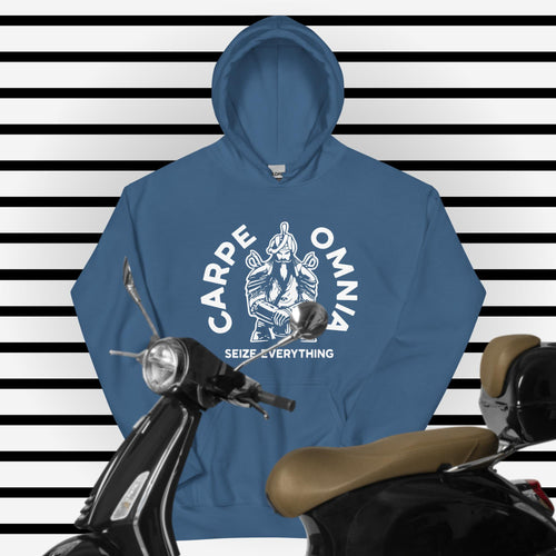 PindLife Carpe Omnia Hoodie with Khanda Back in indigo blue, front view, Sikh Warrior