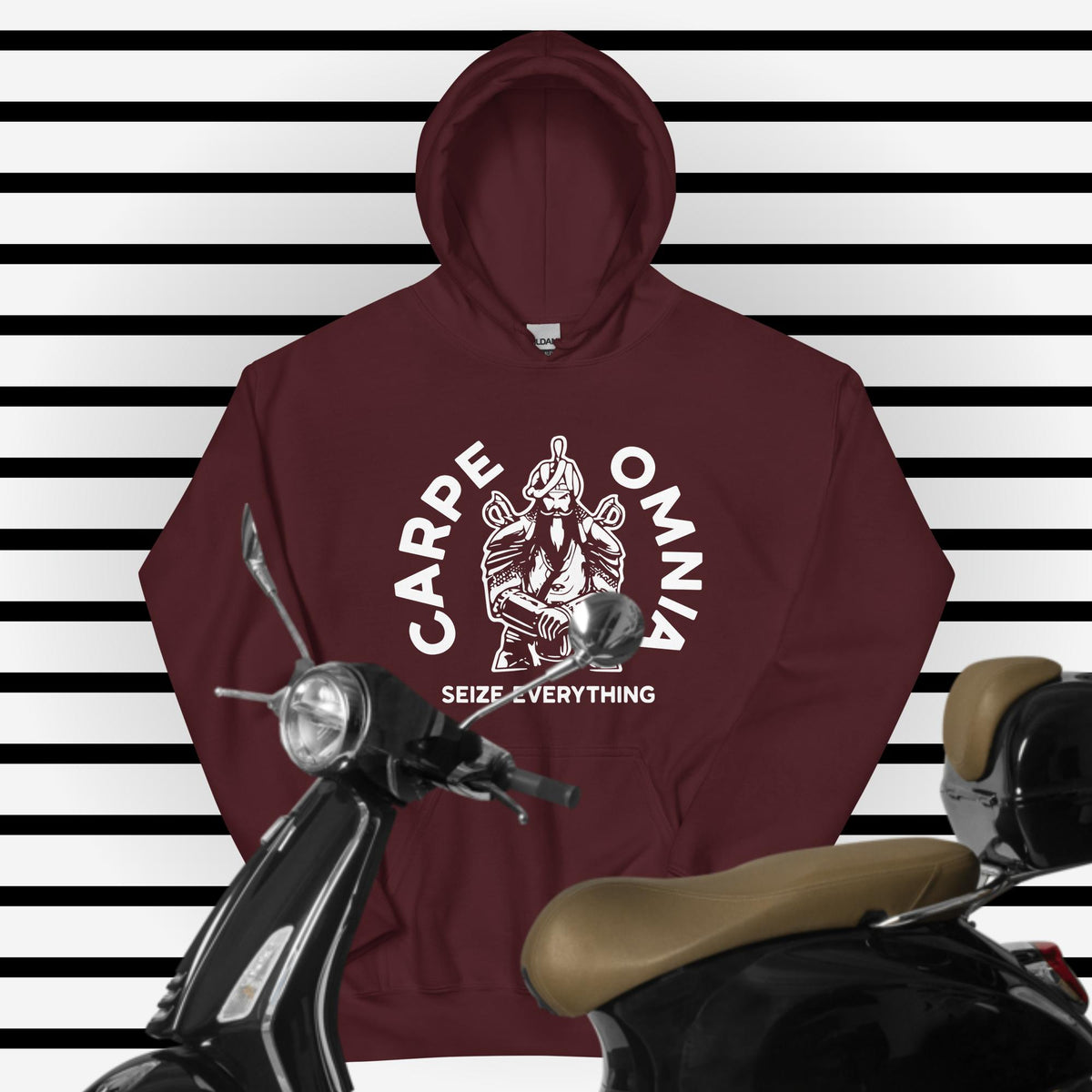 PindLife Carpe Omnia Hoodie with Khanda Back in maroon, front view, Sikh Warrior