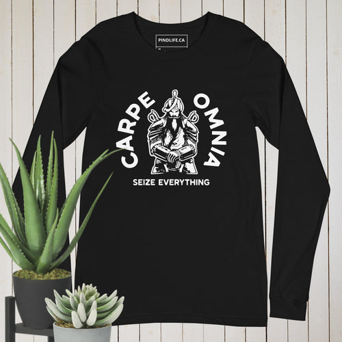 PindLife Carpe Omnia Long Sleeve Shirt in black, front view, Seize Everything Sikh Warrior