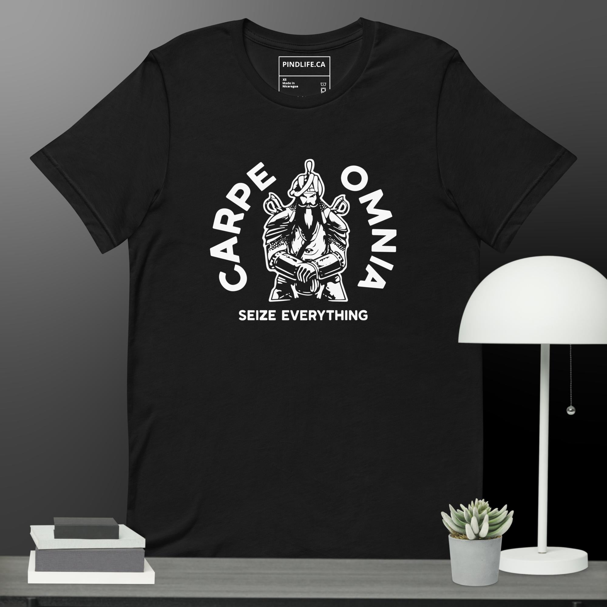 PindLife Carpe Omnia Tee in black, front view, Seize Everything Sikh Warrior