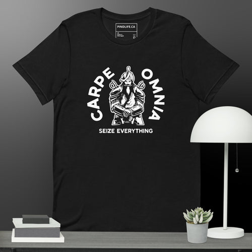 PindLife Carpe Omnia Tee in black, front view, Seize Everything Sikh Warrior