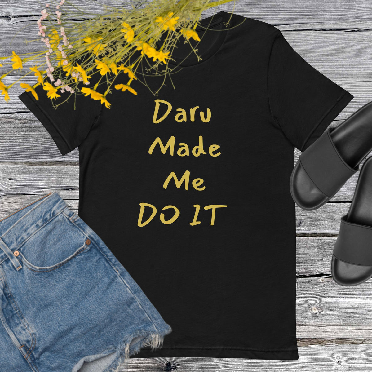 PindLife Daru Made Me Do It T-Shirt in black, front view, Punjabi Humour Tee