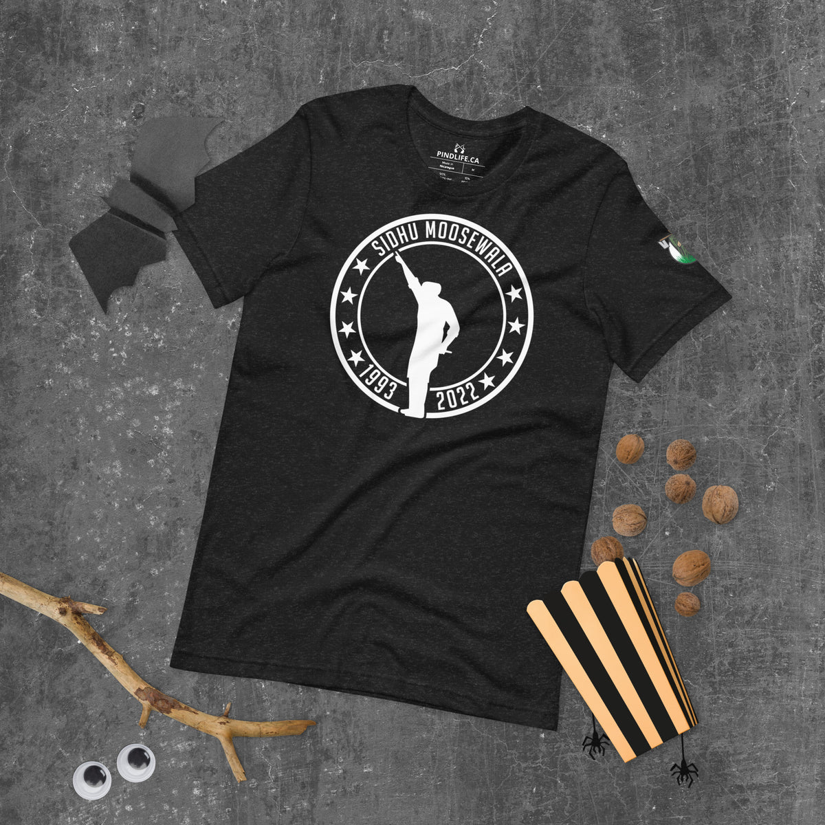 PindLife Sidhu Moosewala Tribute T-Shirt Black in black heather, front view, Punjabi Music