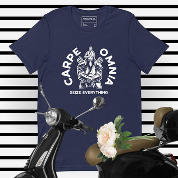 PindLife Carpe Omnia Tee in navy, front view, Seize Everything Sikh Warrior