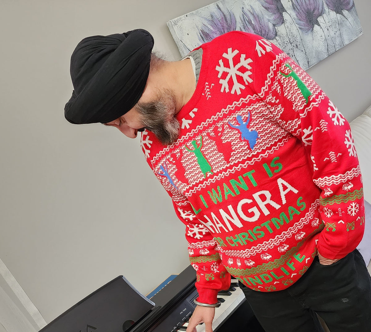 PindLife Knitted All I Want Is Bhangra Sweater, Punjabi Christmas Knit design, alternate view