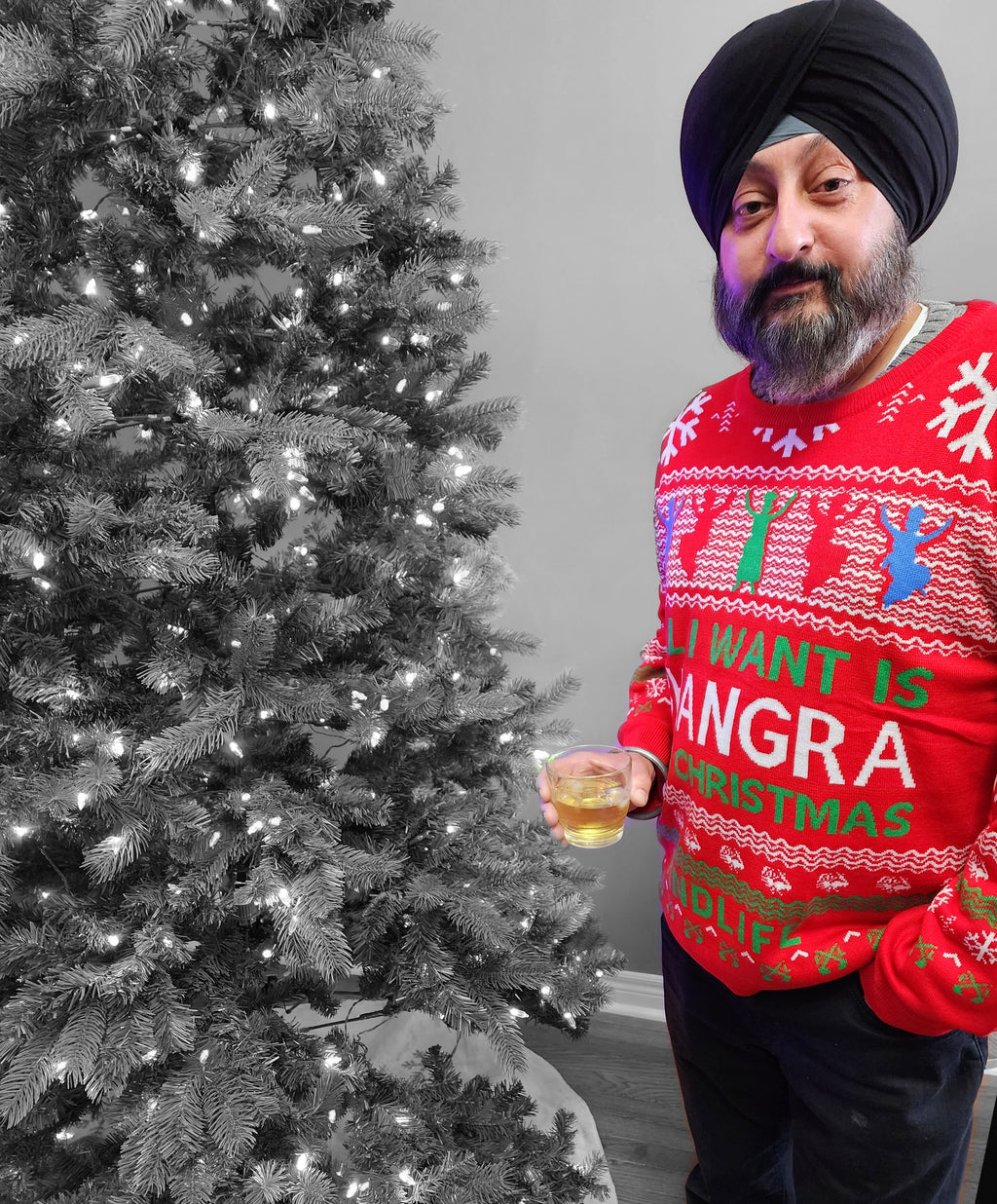 PindLife Knitted All I Want Is Bhangra Sweater, Punjabi Christmas Knit design, alternate view