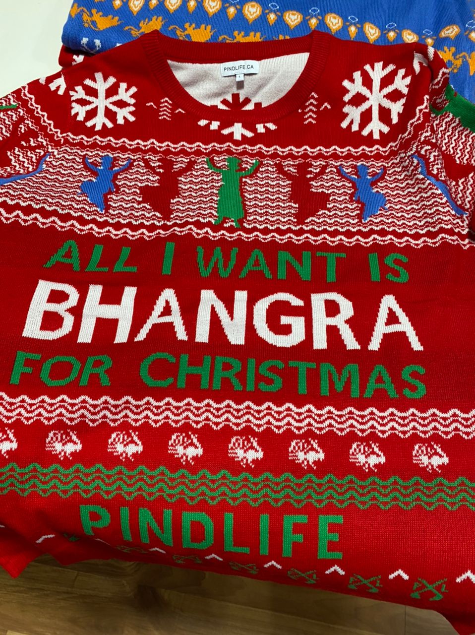 PindLife Knitted All I Want Is Bhangra Sweater, Punjabi Christmas Knit design, alternate view
