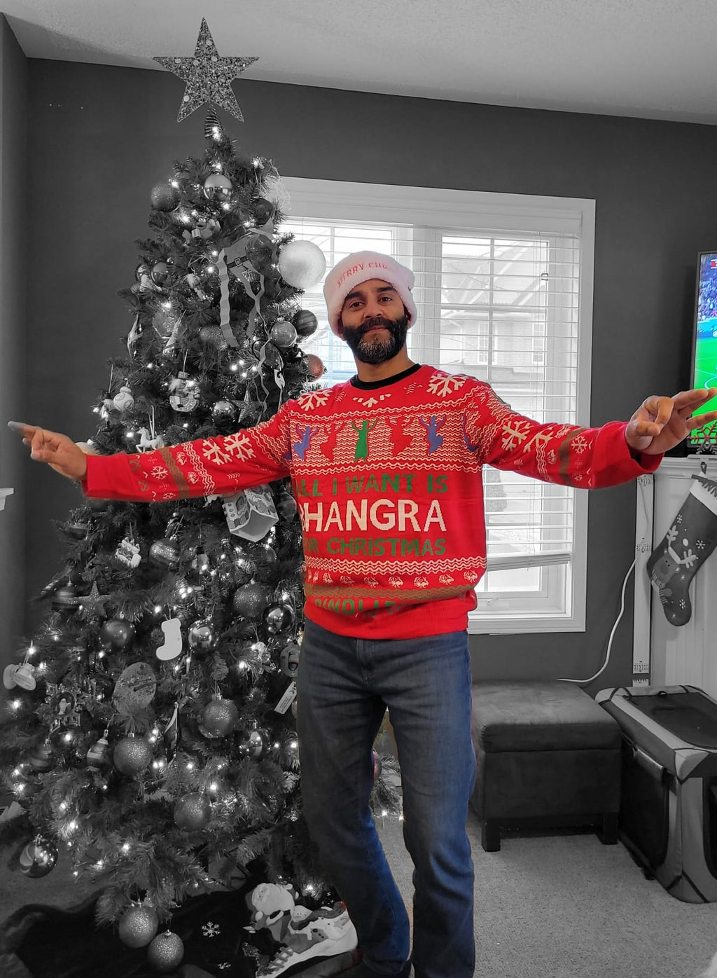 PindLife Knitted All I Want Is Bhangra Sweater, Punjabi Christmas Knit design