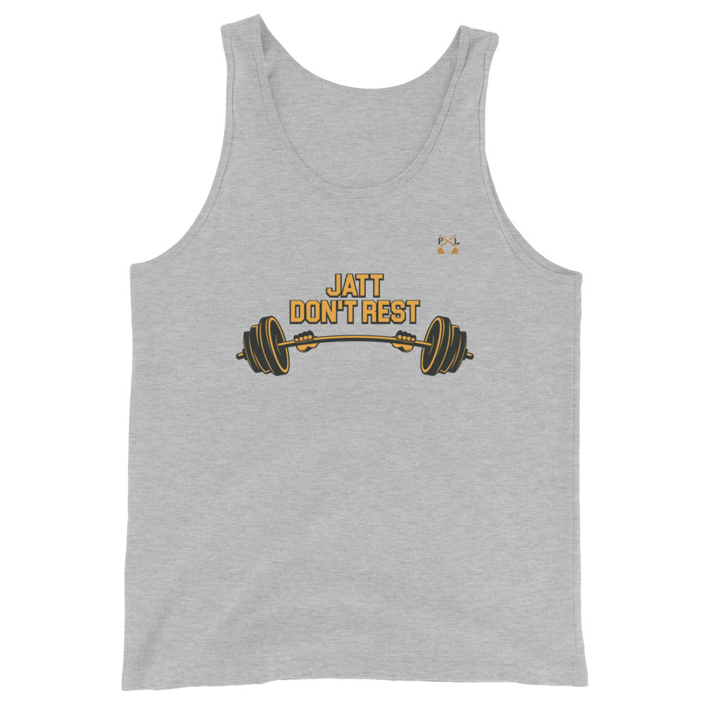 PindLife Jatt Don't Rest Tank Top in athletic heather, front view, Punjabi Gym Vest