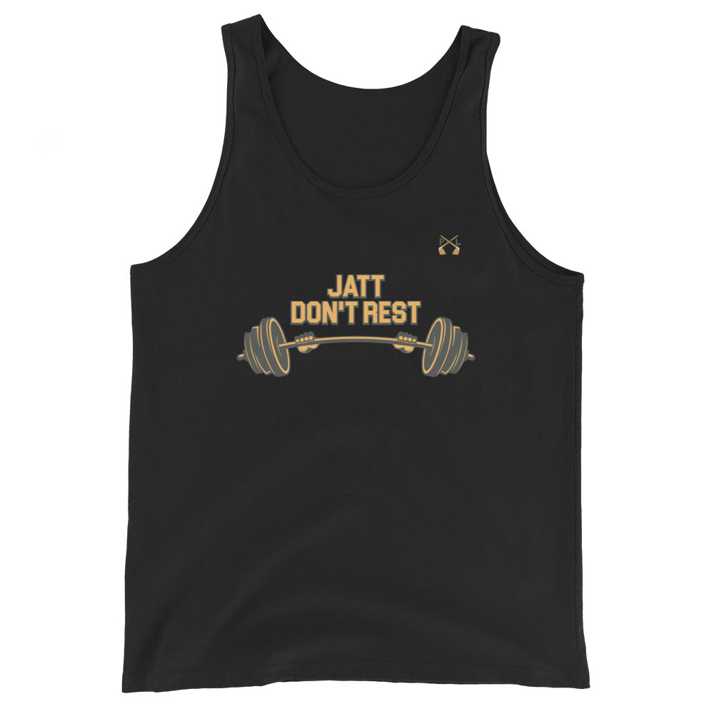 PindLife Jatt Don't Rest Tank Top in black, front view, Punjabi Gym Vest