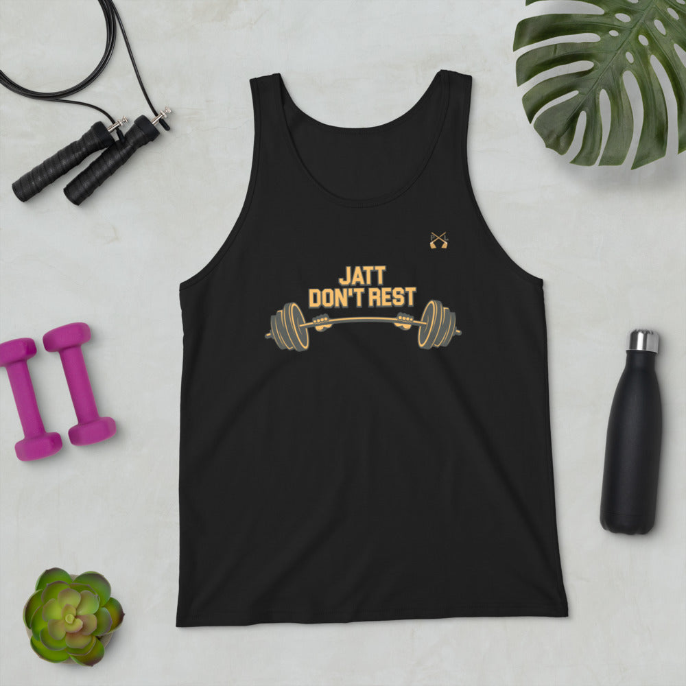 PindLife Jatt Don't Rest Tank Top in black, front view, Punjabi Gym Vest