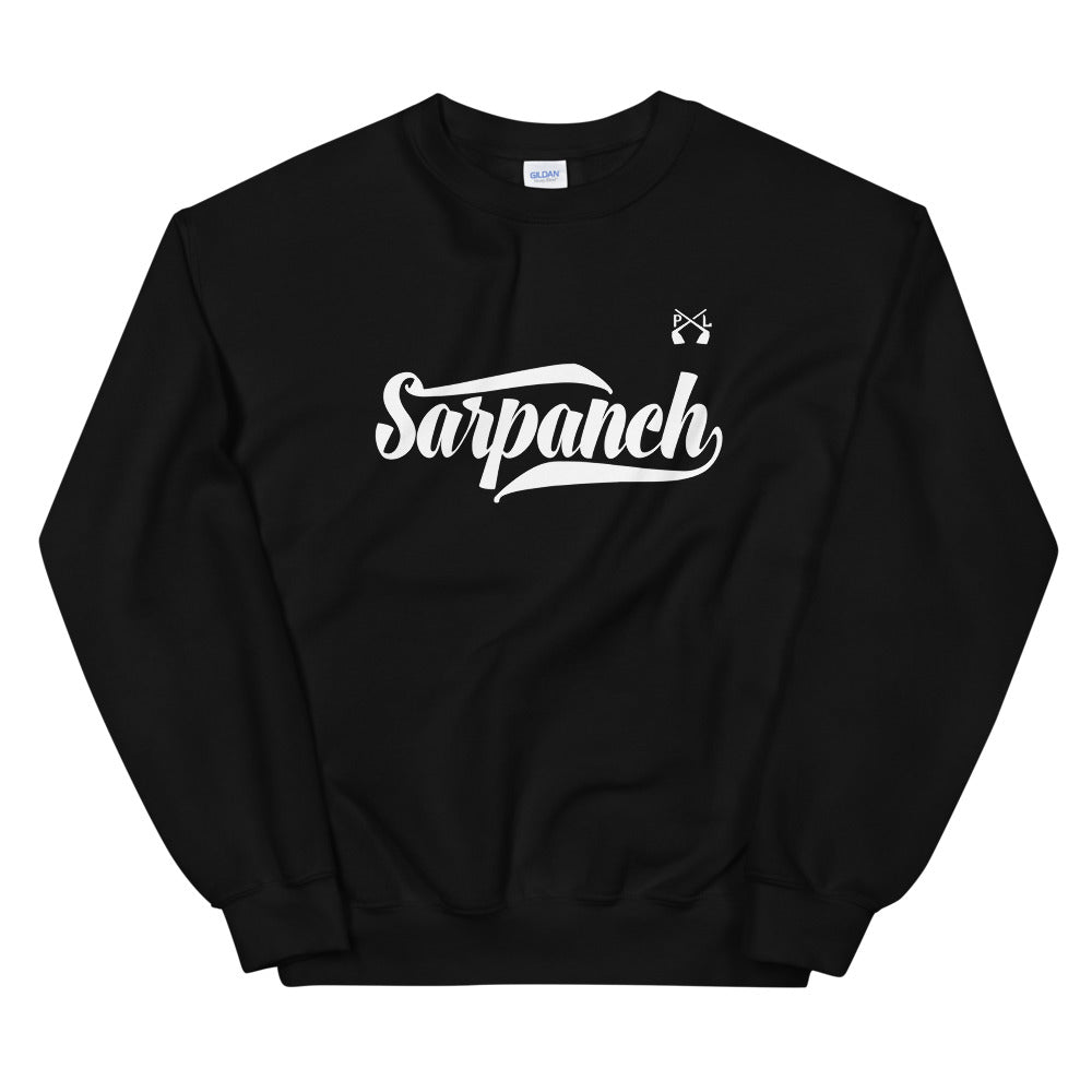 PindLife Sarpanch Crew Neck Sweatshirt in black, front view, Punjabi Pride