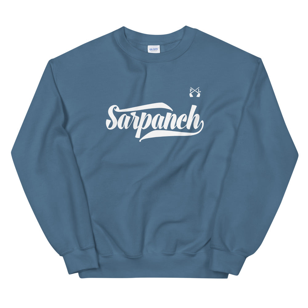 PindLife Sarpanch Crew Neck Sweatshirt in indigo blue, front view, Punjabi Pride