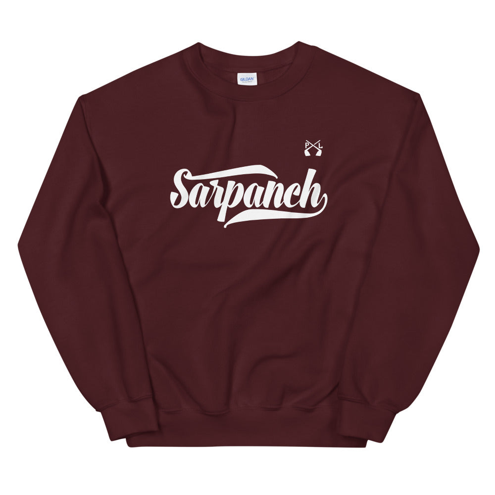 PindLife Sarpanch Crew Neck Sweatshirt in maroon, front view, Punjabi Pride