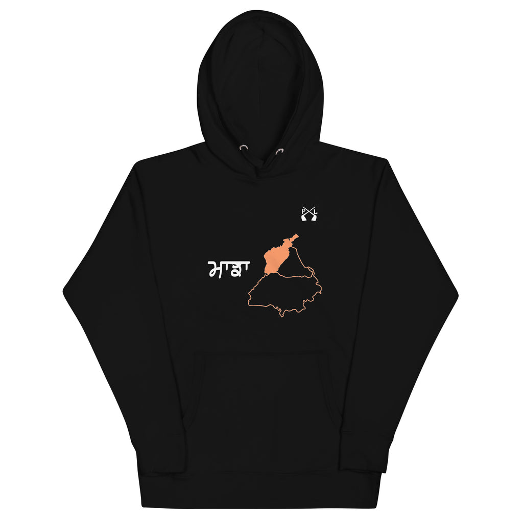 PindLife Majha Hoodie (Punjabi Script) in black, front view, Punjab Region