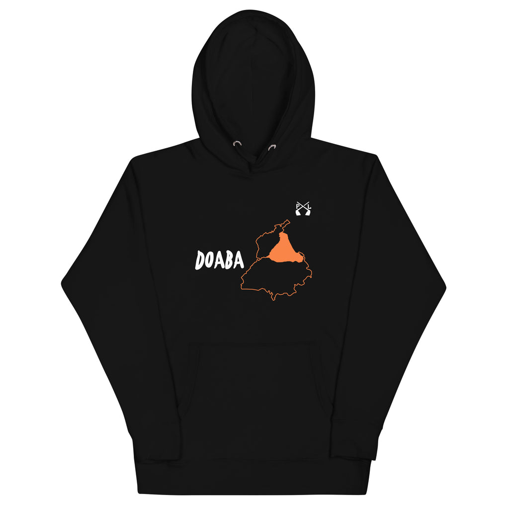 PindLife Doaba Hoodie (English) in black, front view, Punjab Region