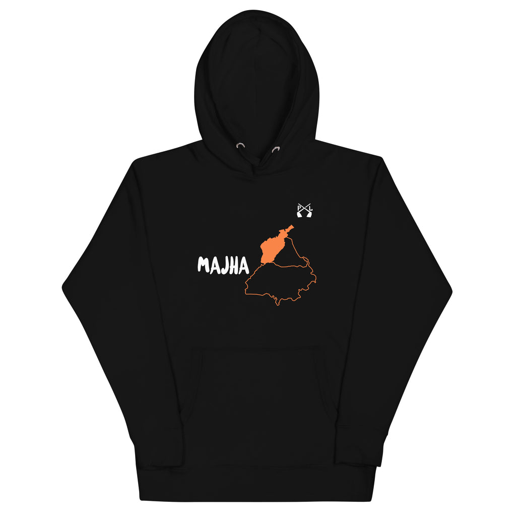PindLife Majha Hoodie (English) in black, front view, Punjab Region