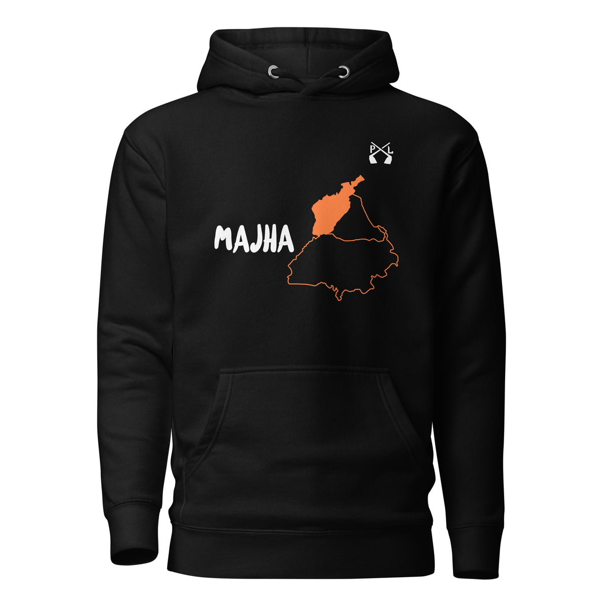 PindLife Majha Hoodie (English) in black, front view, Punjab Region