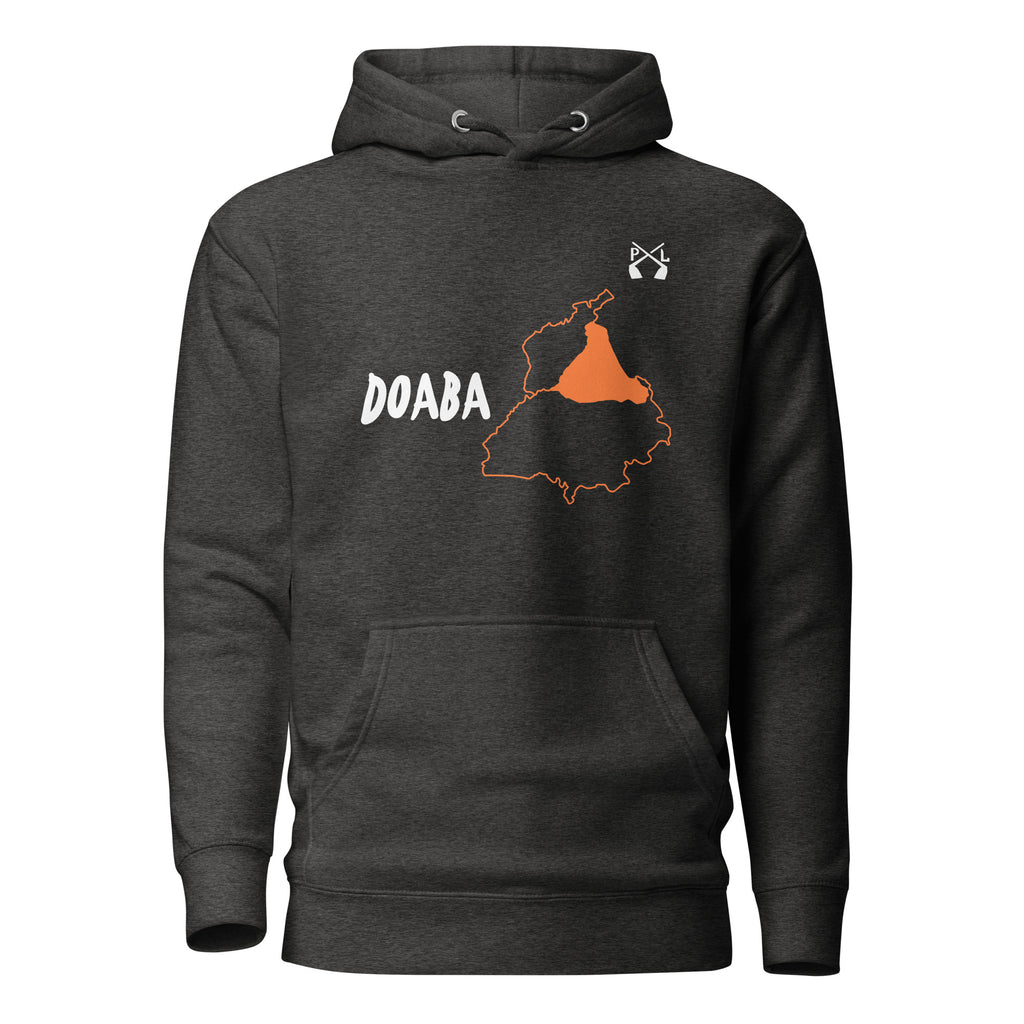 PindLife Doaba Hoodie (English) in charcoal heather, front view, Punjab Region