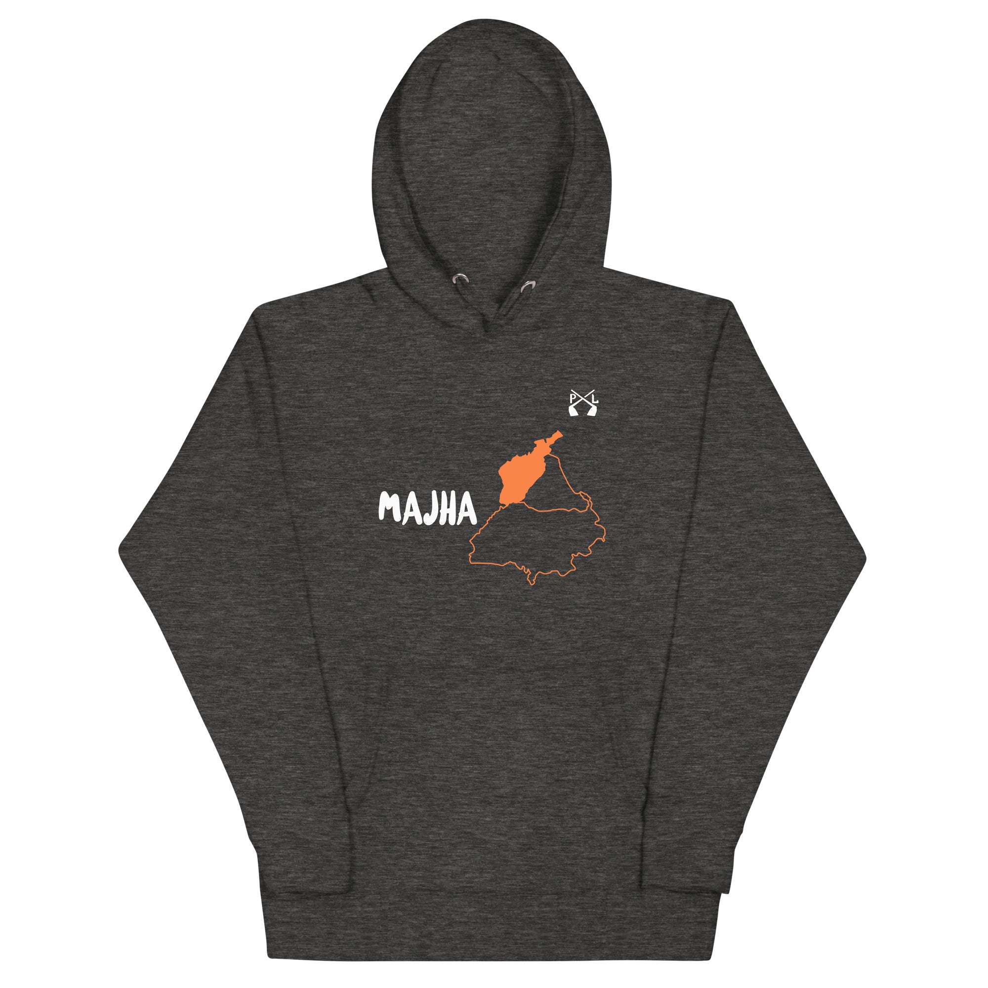 PindLife Majha Hoodie (English) in charcoal heather, front view, Punjab Region