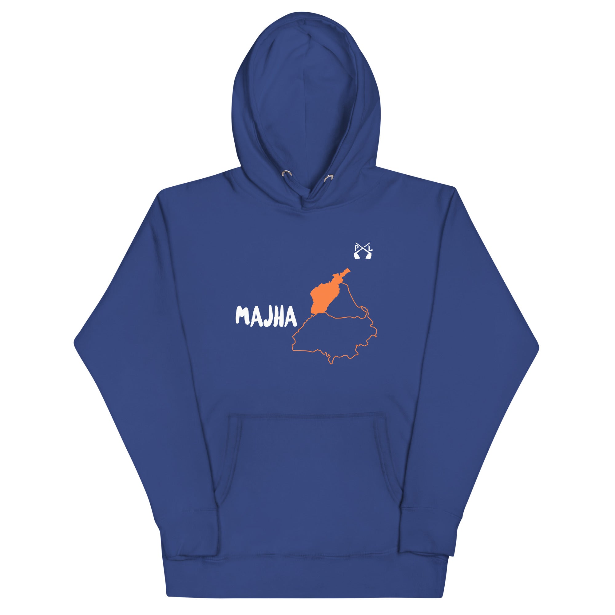 PindLife Majha Hoodie (English) in team royal, front view, Punjab Region