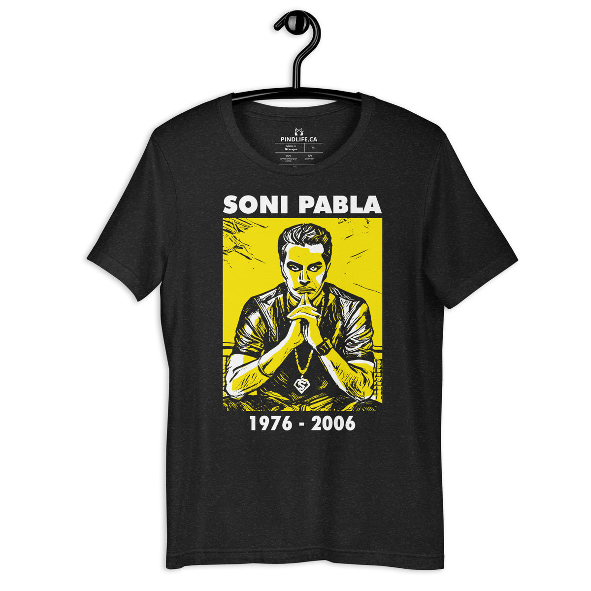 PindLife Soni Pabla Tribute Shirt Black in black heather, front view, Punjabi Music Tee