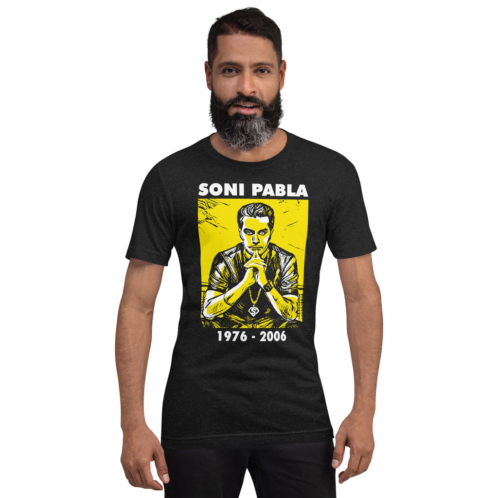 PindLife Soni Pabla Tribute Shirt Black in black heather, front view, Punjabi Music Tee