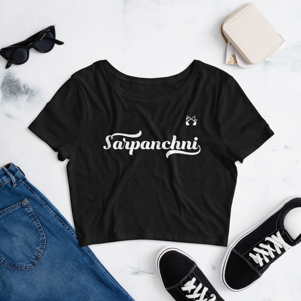 PindLife Sarpanchni Crop Top in black, front view, Punjabi Women's Pride